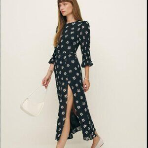 Reformation Black Dress with White Floral Design